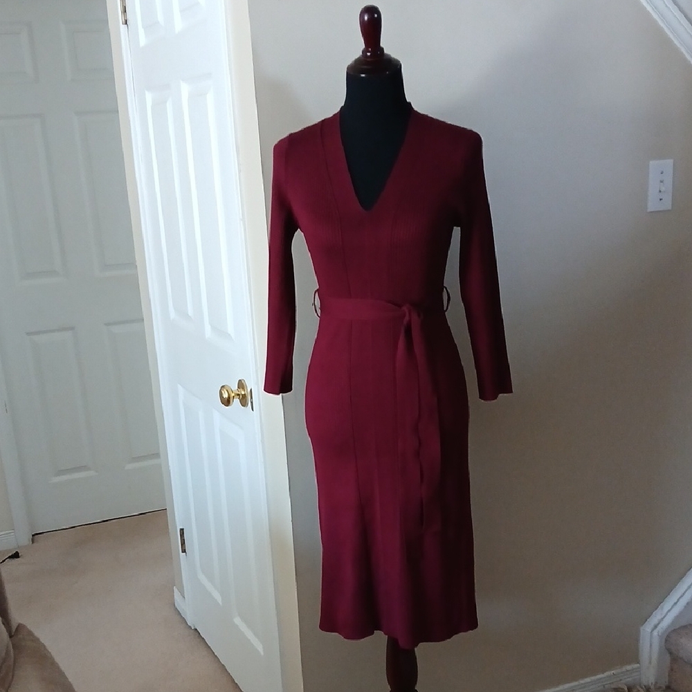 M DKNY Burgundy Long Sleeve Midi Wrap Dress